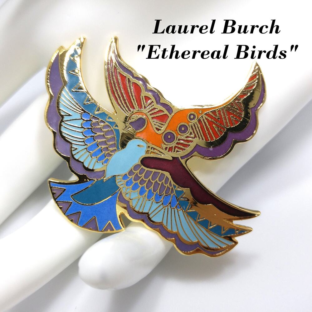 Vintage Laurel Burch Ethereal Birds Cloisonné Enamel Brooch 1980s